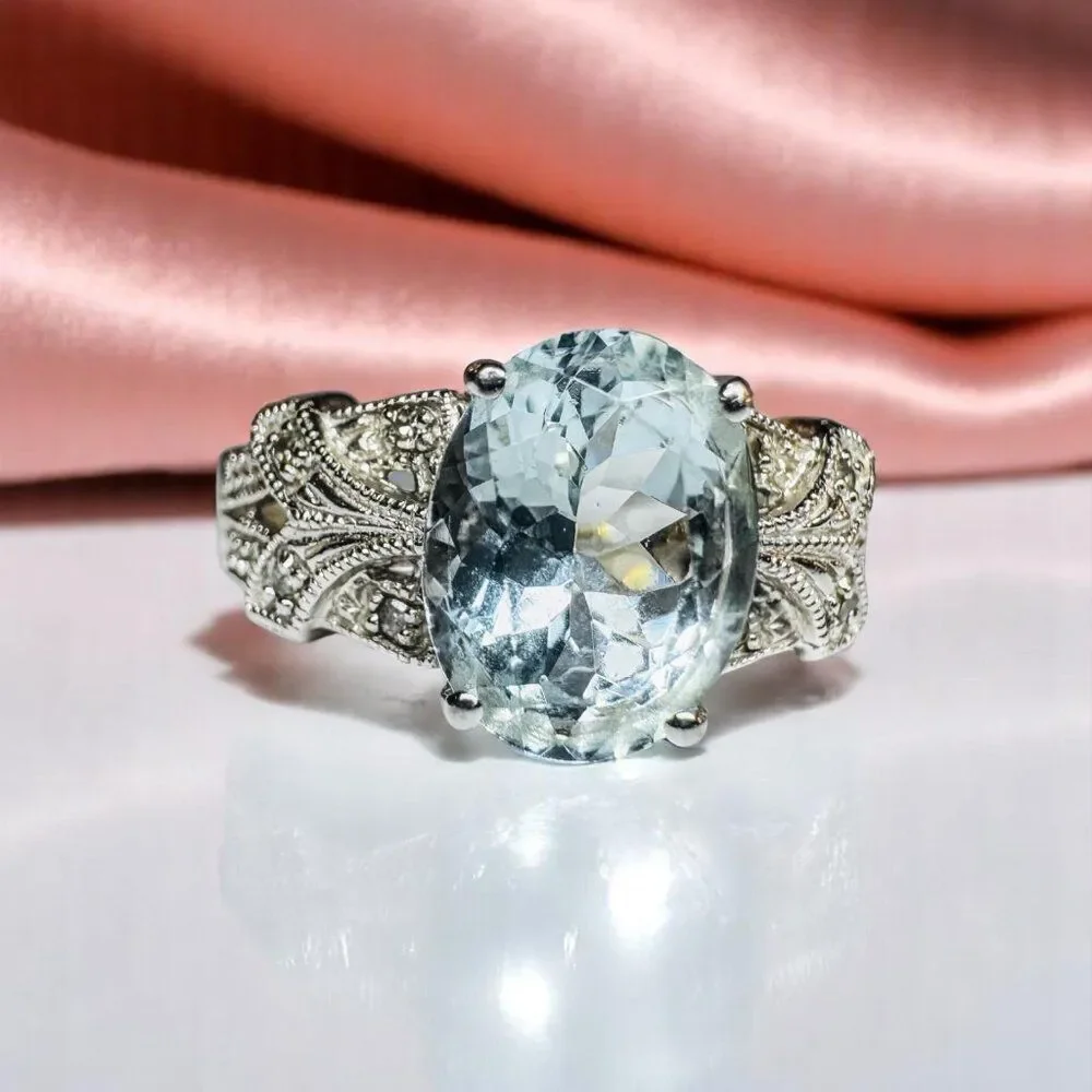 10K White Gold -Art Deco -Aquamarine & Diamond Ring -Sz 7- Filigree Ring- 2.8g